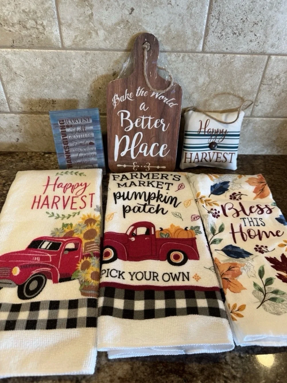 6 Pc Fall Harvest Kitchen Decor Lot Towels Signs Farmhouse Pumpkin Truck